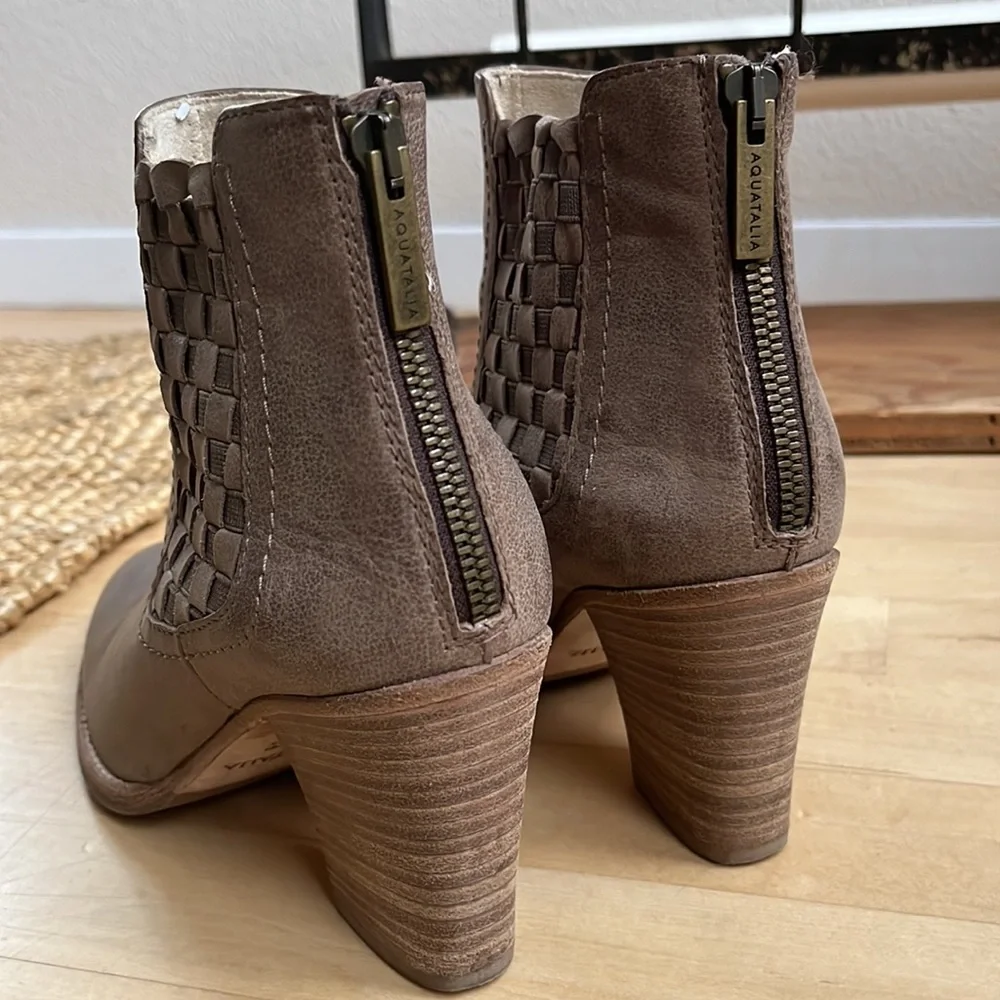 Aquatalia Basket-Weave Tan Leather Frannie Weatherproof Ankle Heeled Booties - Picture 7 of 15